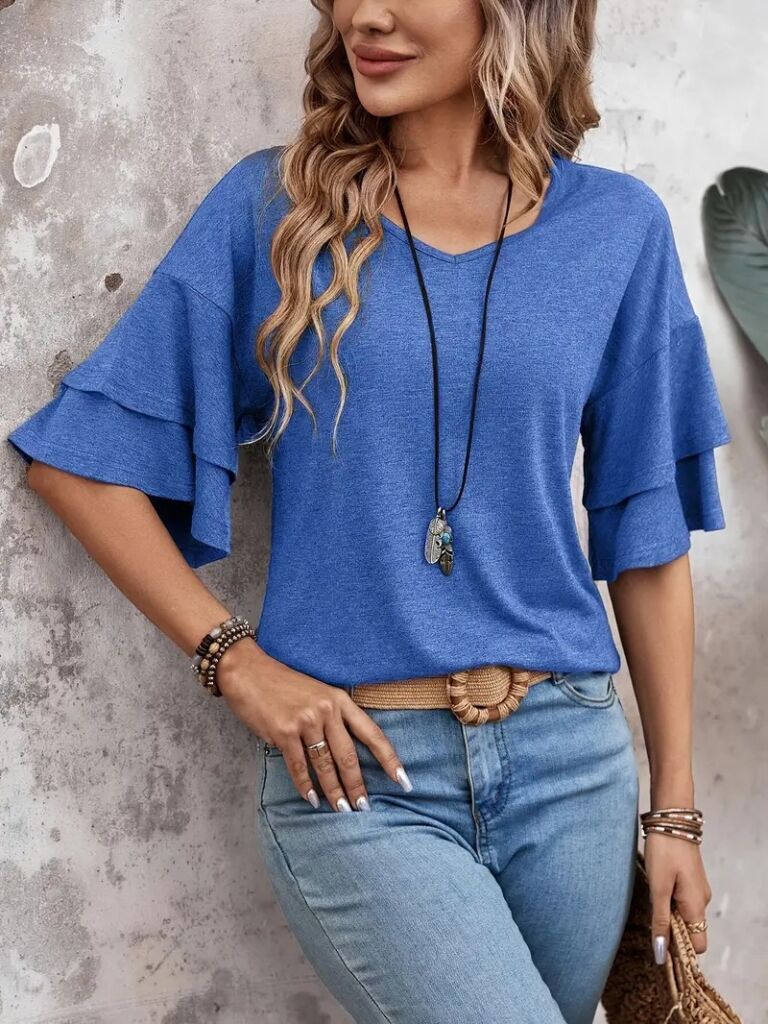 Kadın Kısa Kollu V Yakalı Viskon Bluz