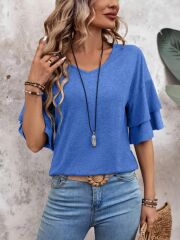 Kadın Kısa Kollu V Yakalı Viskon Bluz