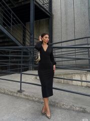 Kadın Uzun Kollu Kruvaze Yaka Büzgü Ve Balon Kol Detay Krep Kumaş Maxi Boy Elbise