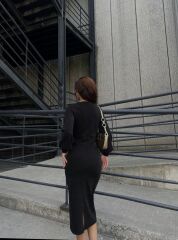 Kadın Uzun Kollu Kruvaze Yaka Büzgü Ve Balon Kol Detay Krep Kumaş Maxi Boy Elbise