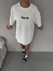 Unisex Bisiklet Yaka Baskılı Oversize T-Shirt - Beyaz