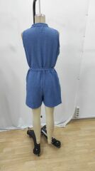 Kadın Sıfır Kollu Yakalı Düğmeli Belden Kuşaklı Kısa Keten Tulum