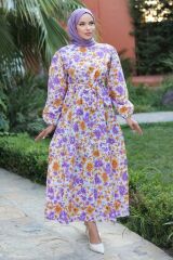 Kadın Uzun Çiçek Yaprak Desenli Belden Bağlamalı Elbise