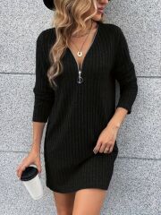 Kadın Uzun Kollu Yakadan Fermuarlı Kısa şardonlu Kaşkorse Elbise