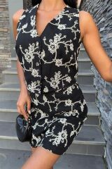 Nakışlı Yelek Şort Etekli Keten Takım 10226-08