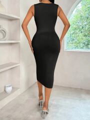 Kadın Askılı Kruvaze Yakalı Dalgıç Midi Elbise