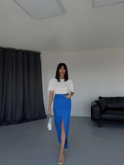 GABARDİN UZUN ÖNDEN YIRTMAÇLI ETEK - Saks