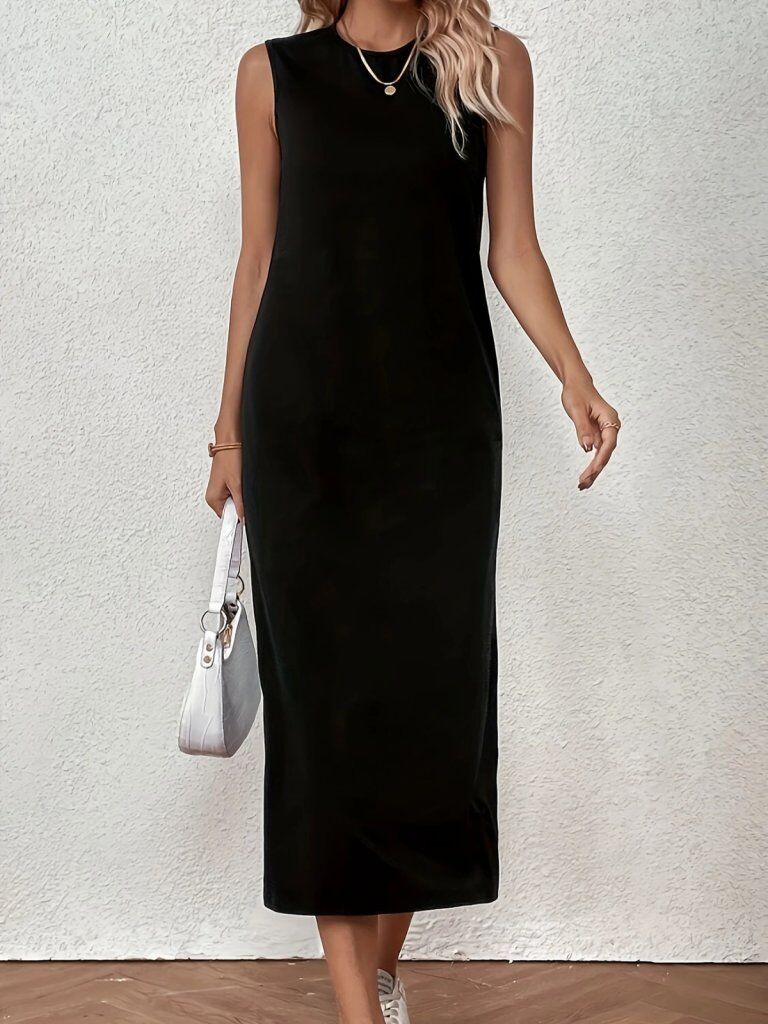 Kadın Sıfır Kollu Bisiklet Yaka Midi Viskon Iki Iplik Elbise