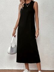 Kadın Sıfır Kollu Bisiklet Yaka Midi Viskon Iki Iplik Elbise