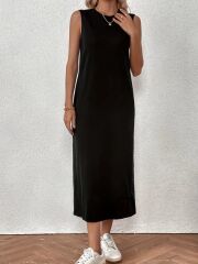 Kadın Sıfır Kollu Bisiklet Yaka Midi Viskon Iki Iplik Elbise