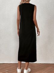 Kadın Sıfır Kollu Bisiklet Yaka Midi Viskon Iki Iplik Elbise