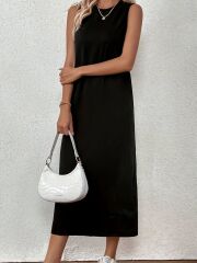 Kadın Sıfır Kollu Bisiklet Yaka Midi Viskon Iki Iplik Elbise