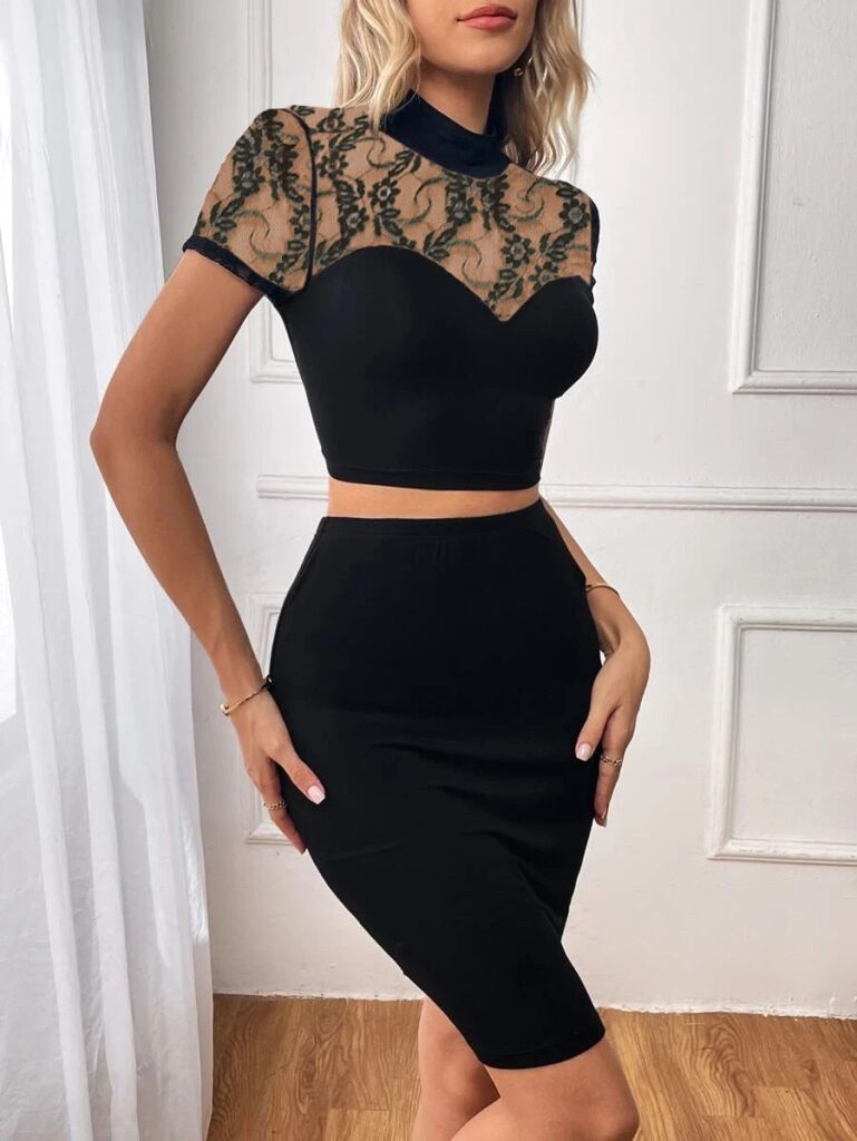 Kadın Kısa Kollu Yarı Balıkçı Yaka Dantelli Straplez Ithal Krep Crop Bluz Ve Etek Ikili Takım