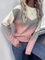 Kadın Uzun Kollu Bisiklet Yaka Renk Bloklu Triko Bluz