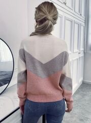 Kadın Uzun Kollu Bisiklet Yaka Renk Bloklu Triko Bluz