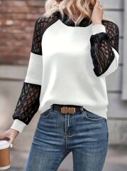 Kadın Uzun Kollu Dantelli Kapşonlu Viskon Iki Iplik Bluz