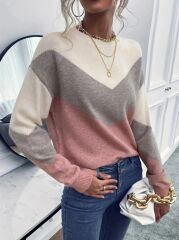 Kadın Uzun Kollu Bisiklet Yaka Renk Bloklu Triko Bluz