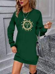 Kadın Uzun Kollu Bisiklet Yaka Güneş Desenli Viskon Iki Iplik Elbise