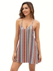 Kadın Kolsuz Askılı V Yaka Etnik Desen Mini Elbise
