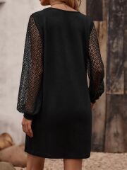 Kadın Uzun Kollu Dantelli V Yakalı Kısa Ithal Krep Elbise