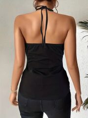 Kadın Askılı Kuş Gözü Ve Dekolte Detay Boyundan Bağlamalı Viskon Bluz