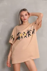 Unisex Bisiklet Yaka Baskılı Oversize T-Shirt - Bej