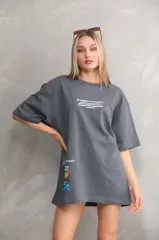 Unisex Bisiklet Yaka Baskılı Oversize T-Shirt - Gri