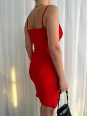 Kadın İp Askılı Yırtmaçlı Büzgülü Elbise