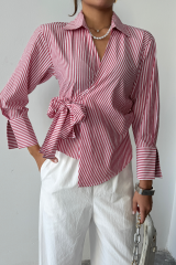 ÇİZGİLİ POPLİN KRUVAZE BAĞLAMALI GÖMLEK - Kırmızı