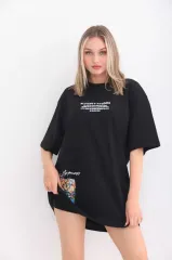 Unisex Bisiklet Yaka Baskılı Oversize T-Shirt - Siyah