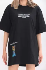 Unisex Bisiklet Yaka Baskılı Oversize T-Shirt - Siyah