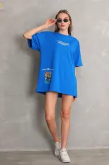 Unisex Bisiklet Yaka Baskılı Oversize T-Shirt - Mavi