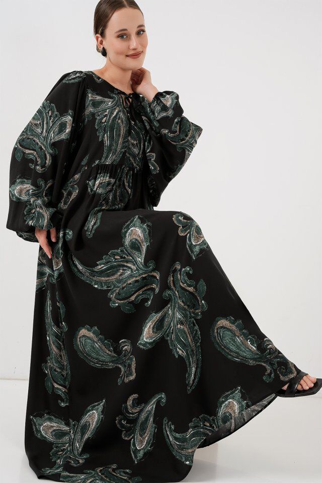 Balon Kol Uzun Tesettür Elbise 2464 - Y.Yeşil