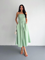 Straplez Pileli Elbise - Su Yeşili