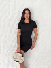 Bisiklet Yaka Kısa Kol Likralı Elbise - Siyah