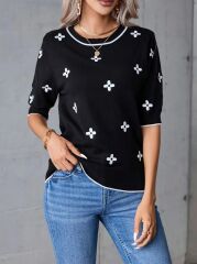 Kadın Kısa Kollu çiçek Desen Bluz