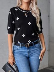 Kadın Kısa Kollu çiçek Desen Bluz