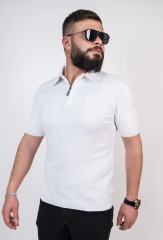 Triko Dokuma Yarım Fermuarlı Yakalı T-shirt - Beyaz