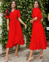 Kadın Kruvaze Yaka Midi Boy Kuşaklı Krep Elbise 120 Cm