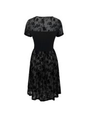 Kadın Kısa Kollu Bisiklet Yaka Tül Flok Baskı Detaylı Elbise