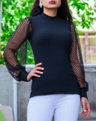 Kadın Siyah Kolu Tül Detaylı Yarım Balıkçı Kaşkorse Bluz