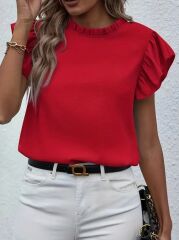 Kadın Kısa Kollu Fırfır Yakalı Bürümcük Bluz