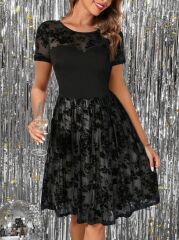 Kadın Kısa Kollu Bisiklet Yaka Tül Flok Baskı Detaylı Elbise