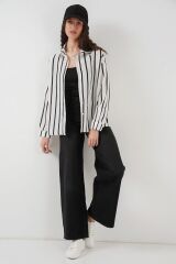 20254 Çizgili Oversize Basic Gömlek - Siyah - Beyaz