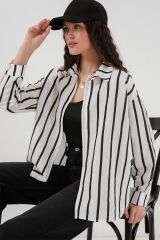 20254 Çizgili Oversize Basic Gömlek - Siyah - Beyaz