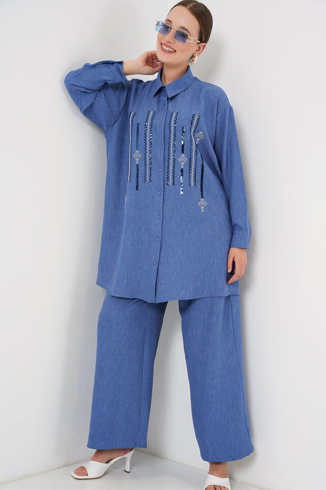 Desenli Tunik Pantolon İkili Takım 6720 - İndigo