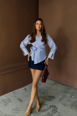 ÇİZGİLİ POPLİN KRUVAZE BAĞLAMALI GÖMLEK - Mavi