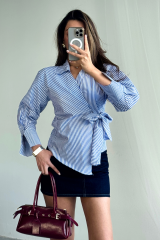 ÇİZGİLİ POPLİN KRUVAZE BAĞLAMALI GÖMLEK - Mavi