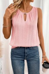 Kadın Sıfır Kollu Düğmeli Damla Yaka Detaylı Triko Bluz