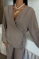 Kruvaze Model Klasik Pantolonlu Çupra Keten Takım 10191